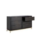 Dark wood dresser with six drawers, slim gold handles, and tapered gold legs.