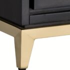 Dark wood dresser with six drawers, slim gold handles, and tapered gold legs.