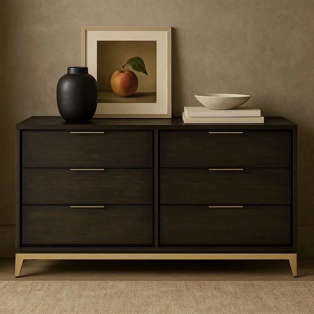 Dark wood dresser with six drawers, slim gold handles, and tapered gold legs.