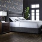 Emmit Bed footboard in dark grey upholstered fabric.