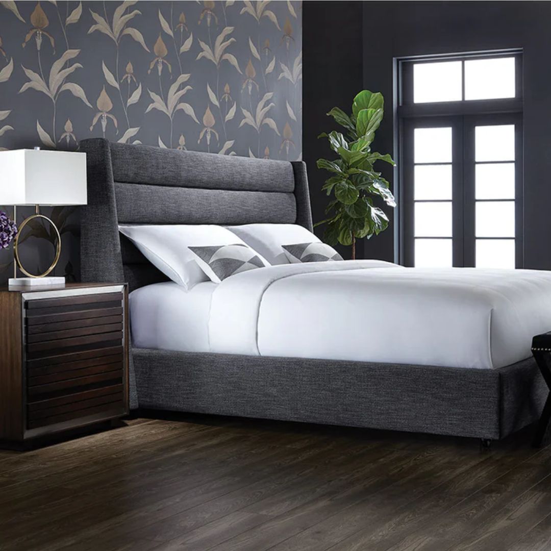 Emmit Bed footboard in dark grey upholstered fabric.