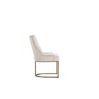 Elegant stool with soft beige upholstered seat and curved gold metal base.