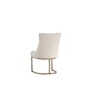 Elegant stool with soft beige upholstered seat and curved gold metal base.