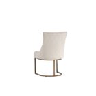 Elegant stool with soft beige upholstered seat and curved gold metal base.