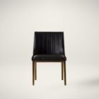 Black leather dining chair with vertical channel stitching, arched backrest, and slim brass-toned legs.