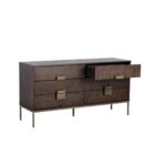 Dark wood dresser with six spacious drawers and elegant metal hardware.