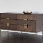 Dark wood dresser with six spacious drawers and elegant metal hardware.