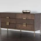 Dark wood dresser with six spacious drawers and elegant metal hardware.