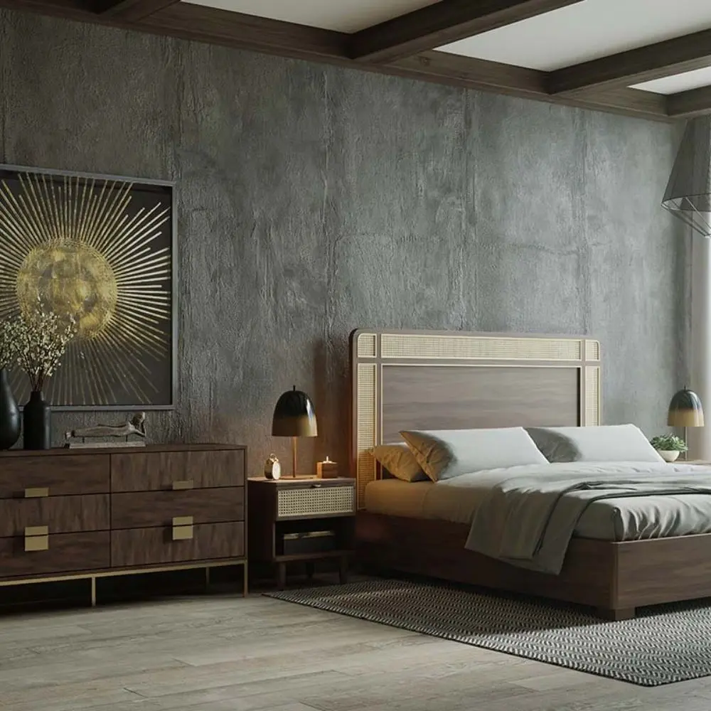 Dark wood dresser with six spacious drawers and elegant metal hardware.