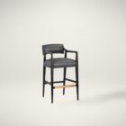 A modern barstool with black wood frame, dark leather upholstery, and a low backrest.