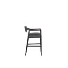 A modern barstool with black wood frame, dark leather upholstery, and a low backrest.
