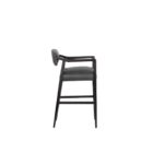 A modern barstool with black wood frame, dark leather upholstery, and a low backrest.