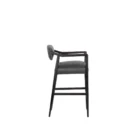 A modern barstool with black wood frame, dark leather upholstery, and a low backrest.