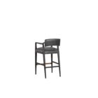 A modern barstool with black wood frame, dark leather upholstery, and a low backrest.