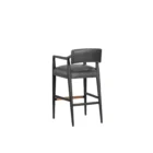 A modern barstool with black wood frame, dark leather upholstery, and a low backrest.