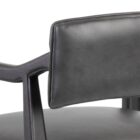 A modern barstool with black wood frame, dark leather upholstery, and a low backrest.