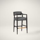 A modern barstool with black wood frame, dark leather upholstery, and a low backrest.