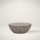 Small round concrete coffee table with a curved bowl-like base and smooth grey finish.
