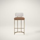 A modern Larissa Stool featuring a warm caramel leather seat, curved white boucle backrest, and slim brushed brass metal frame.