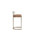 A modern Larissa Stool featuring a warm caramel leather seat, curved white boucle backrest, and slim brushed brass metal frame.