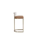 A modern Larissa Stool featuring a warm caramel leather seat, curved white boucle backrest, and slim brushed brass metal frame.