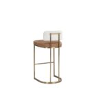A modern Larissa Stool featuring a warm caramel leather seat, curved white boucle backrest, and slim brushed brass metal frame.