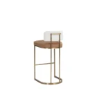 A modern Larissa Stool featuring a warm caramel leather seat, curved white boucle backrest, and slim brushed brass metal frame.