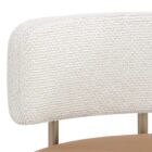 A modern Larissa Stool featuring a warm caramel leather seat, curved white boucle backrest, and slim brushed brass metal frame.