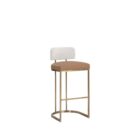 A modern Larissa Stool featuring a warm caramel leather seat, curved white boucle backrest, and slim brushed brass metal frame.