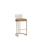 A modern Larissa Stool featuring a warm caramel leather seat, curved white boucle backrest, and slim brushed brass metal frame.