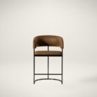 Modern counter stool featuring a curved saddle leather backrest, cushioned seat, and sleek black metal frame with an arched footrest.