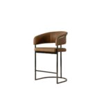 Modern counter stool featuring a curved saddle leather backrest, cushioned seat, and sleek black metal frame with an arched footrest.