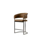 Modern counter stool featuring a curved saddle leather backrest, cushioned seat, and sleek black metal frame with an arched footrest.