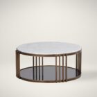 Round marble coffee table with a white stone top, antique brass metal frame, and a smoked glass lower shelf.