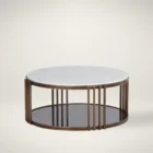 Round marble coffee table with a white stone top, antique brass metal frame, and a smoked glass lower shelf.