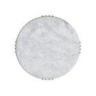 Round marble coffee table with a white stone top, antique brass metal frame, and a smoked glass lower shelf.
