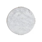 Round marble coffee table with a white stone top, antique brass metal frame, and a smoked glass lower shelf.