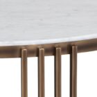 Round marble coffee table with a white stone top, antique brass metal frame, and a smoked glass lower shelf.