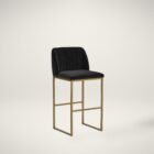 Nevin Counter Stool featuring a black velvet upholstered seat with vertical tufting and a gold-finished metal frame, shown from various angles including front, side, and detail close-ups.