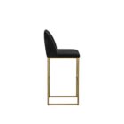 Nevin Counter Stool featuring a black velvet upholstered seat with vertical tufting and a gold-finished metal frame, shown from various angles including front, side, and detail close-ups.