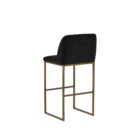 Nevin Counter Stool featuring a black velvet upholstered seat with vertical tufting and a gold-finished metal frame, shown from various angles including front, side, and detail close-ups.