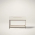 Rebel Nightstand – Large featuring a sleek ivory-toned drawer box, taupe metal frame, and open bottom shelf.