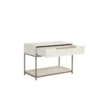 Rebel Nightstand – Large featuring a sleek ivory-toned drawer box, taupe metal frame, and open bottom shelf.