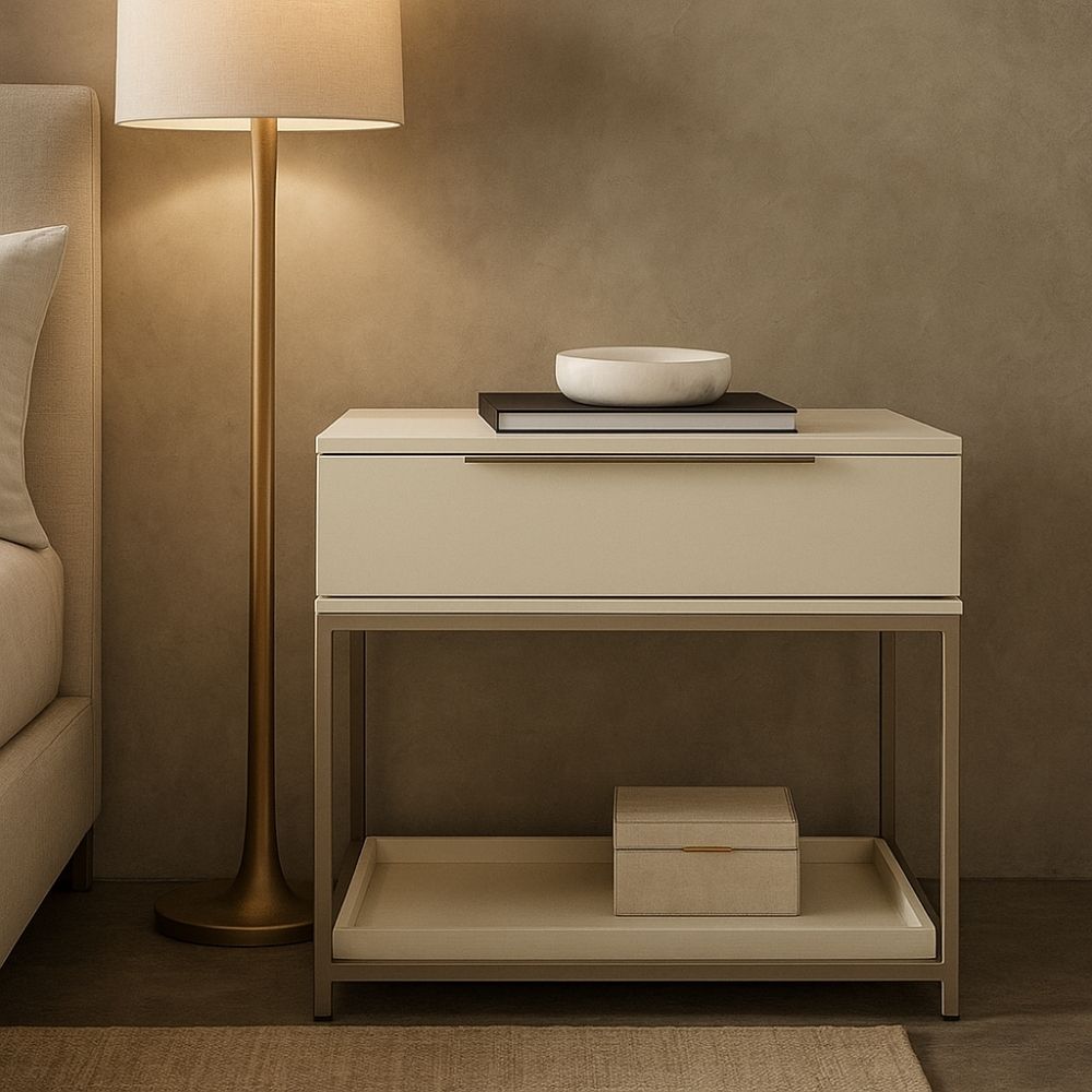 Rebel Nightstand – Large featuring a sleek ivory-toned drawer box, taupe metal frame, and open bottom shelf.