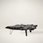 Live-edge sculptural coffee table crafted from dark natural teak wood with organic curves and black angular legs.