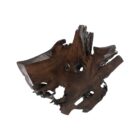 Live-edge sculptural coffee table crafted from dark natural teak wood with organic curves and black angular legs.
