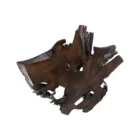 Live-edge sculptural coffee table crafted from dark natural teak wood with organic curves and black angular legs.