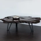 Live-edge sculptural coffee table crafted from dark natural teak wood with organic curves and black angular legs.
