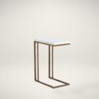 Modern white C-shaped end table with a thin metal base in a bronze finish and a sleek white top.