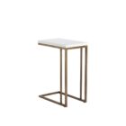 Modern white C-shaped end table with a thin metal base in a bronze finish and a sleek white top.